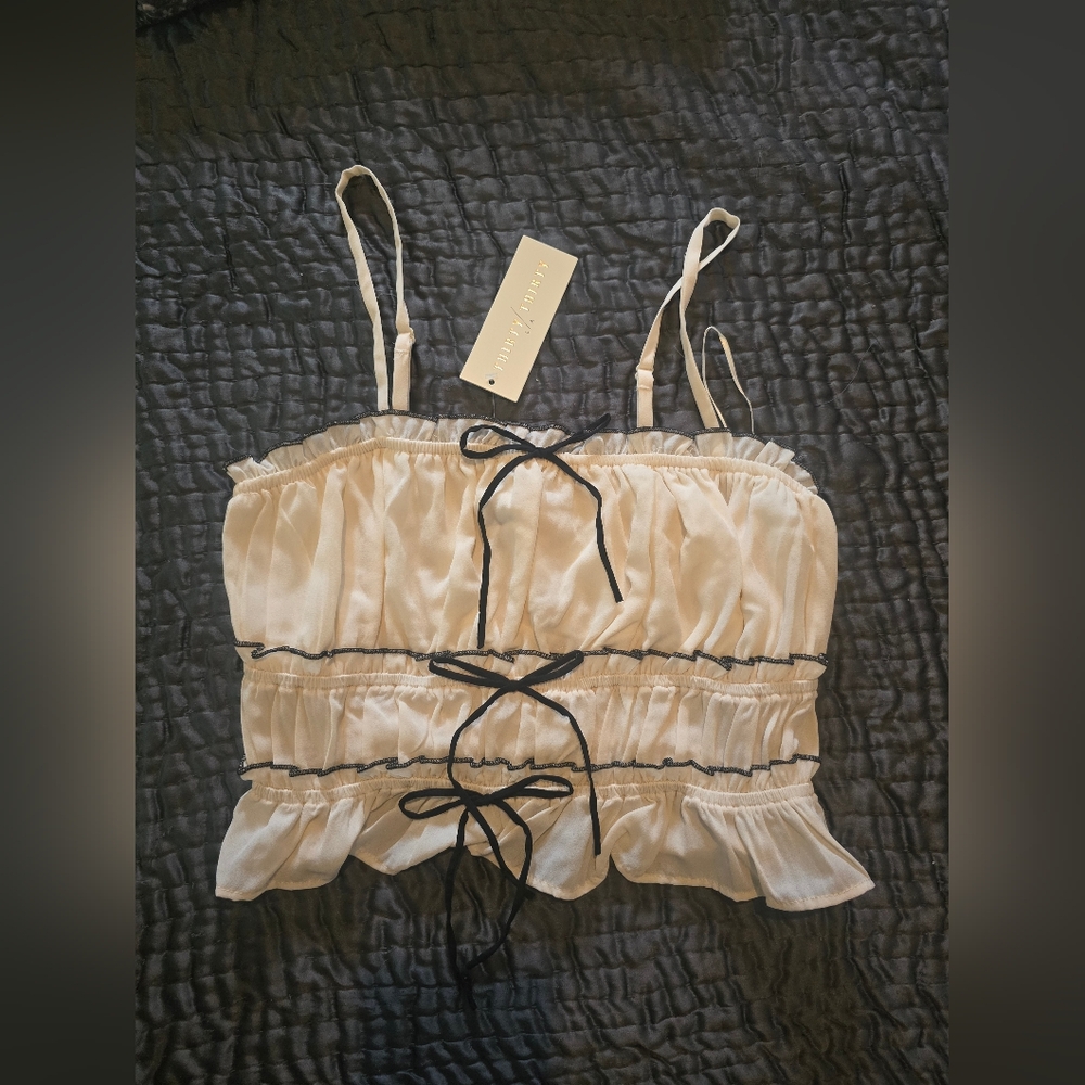 NWT Cream Ruffled Black Crop Top with Corset Lacing And Bows XS